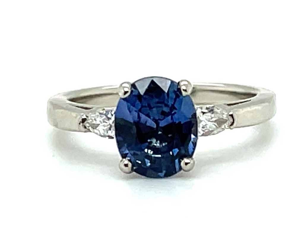 Custom 14k White Gold Oval Blue Sapphire & Pear Shape Diamond Ring