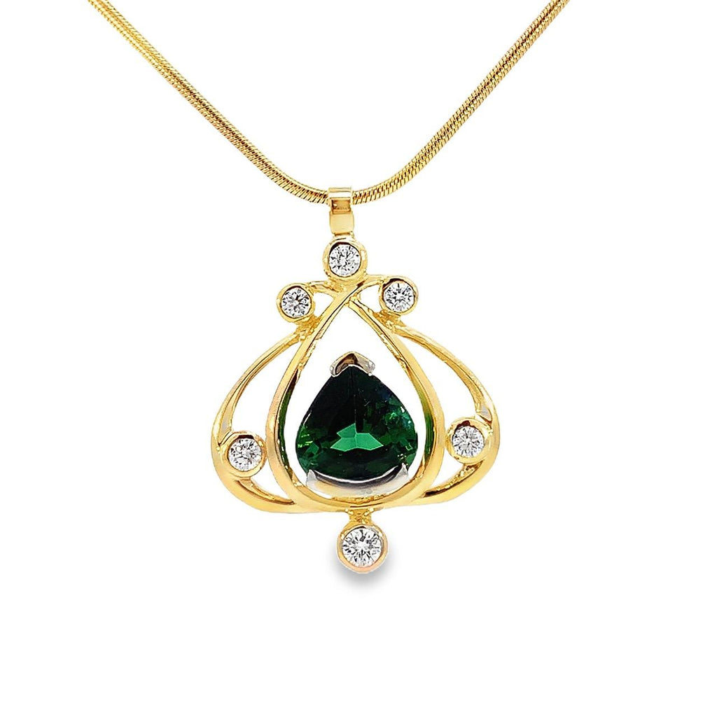 14k yellow gold pendant with pear shaped green tourmaline and diamond accents Charleston Gates Collection