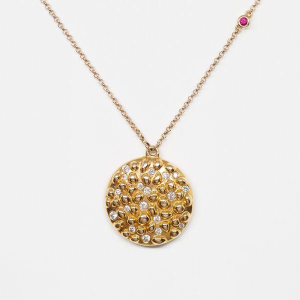 18k Rose Gold Diamond Pendant With Ruby Accent on Chain