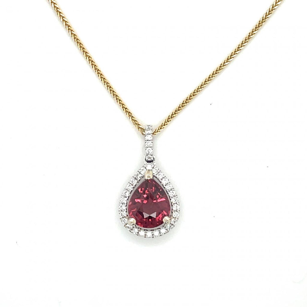 18k White Gold Pear Shaped Natural Red Spinel & Diamond Halo Pendant