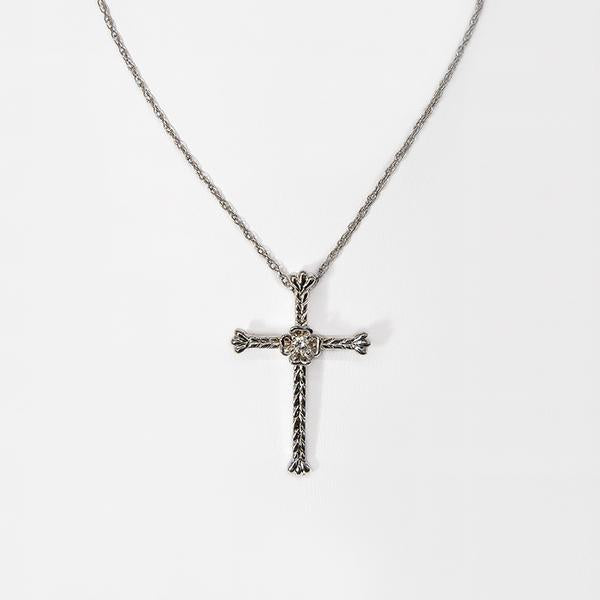 14kwg Cross Pendant with one accent diamond and chain-16 inch rope chain