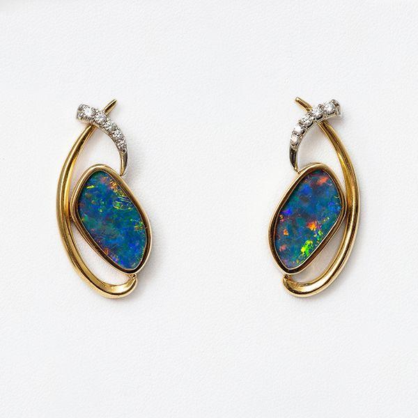 Custom Two Tone Gold Australian Opal and Diamond Earrings