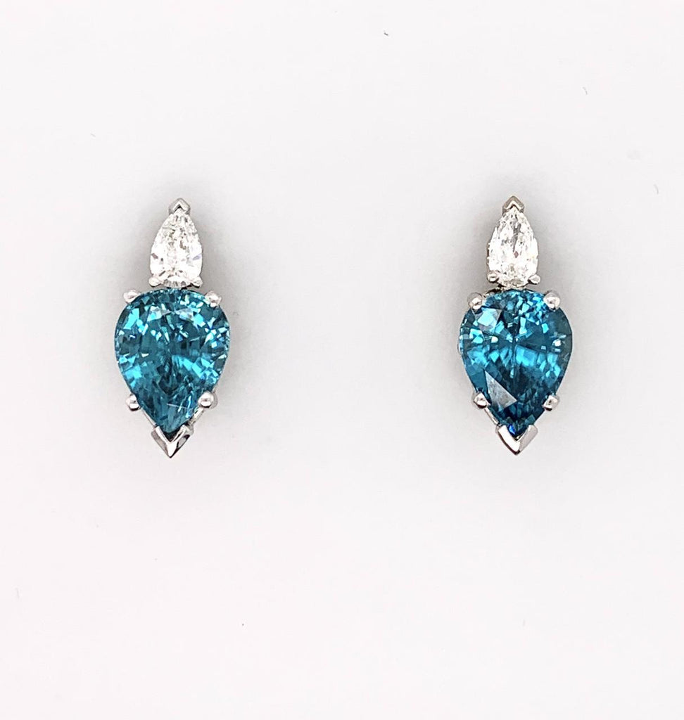 Custom Designed 14k White Gold Natural Blue Zircon &  Diamond Earrings