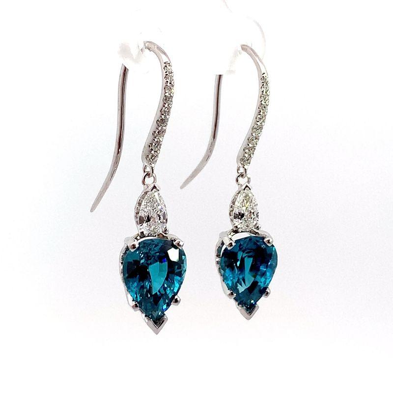 14k White Gold Blue Zircon &  Diamond Earrings-Custom Designed Statement Earrings With Diamond Shepherd Hooks