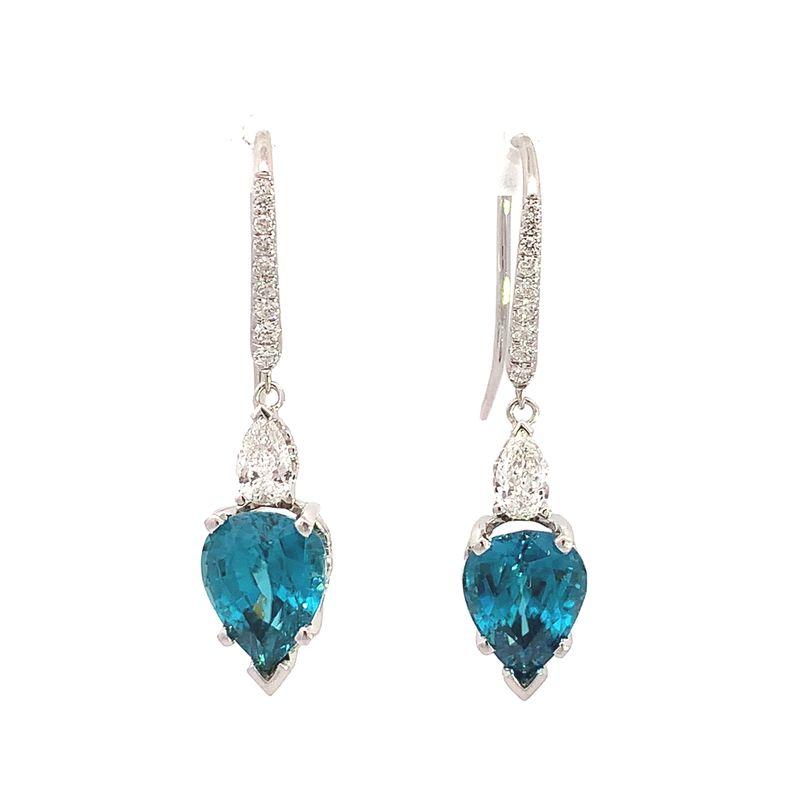 14k White Gold Blue Zircon &  Diamond Earrings-Custom Designed Statement Earrings With Diamond Shepherd Hooks