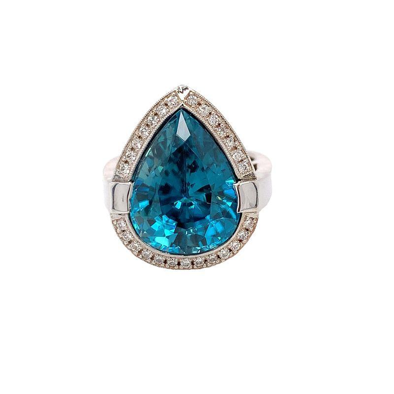 18k White Gold Custom Pear Shape Blue Zircon and Natural Diamond Halo Ring