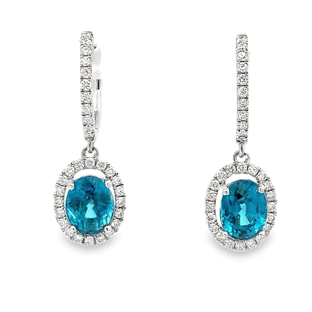 18k White Gold Oval Blue Zircon and Diamond Drop Earrings