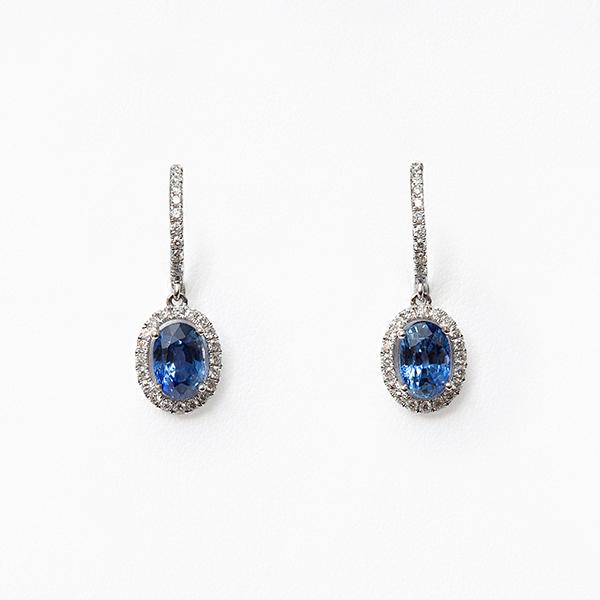 18k White Gold Oval Blue Sapphire and Diamond Drop Earrings