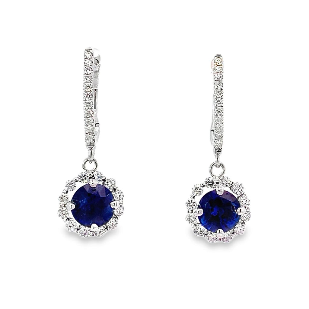Stunning 18k White Gold Ceylon Blue Sapphire Earrings with Diamond Halo Dangle