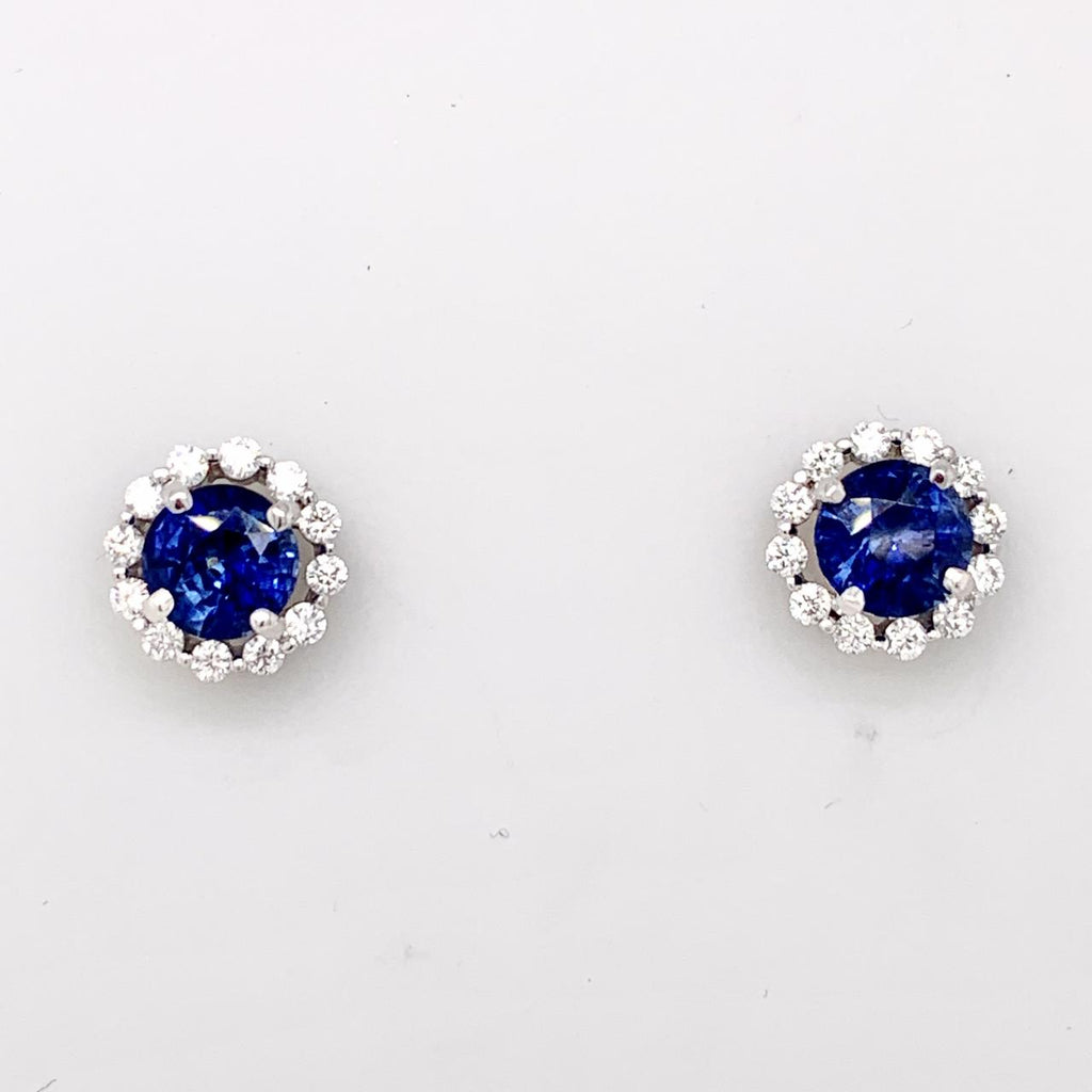 14k White Gold Natural Ceylon Blue Sapphire and Diamond Halo Stud Earrings