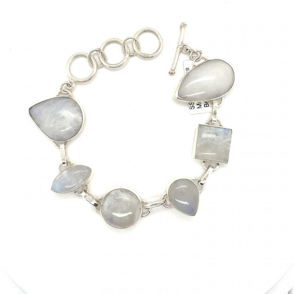 Handmade in Taxco Sterling Silver Mixed Shape Cabochon Moonstone Bracelet