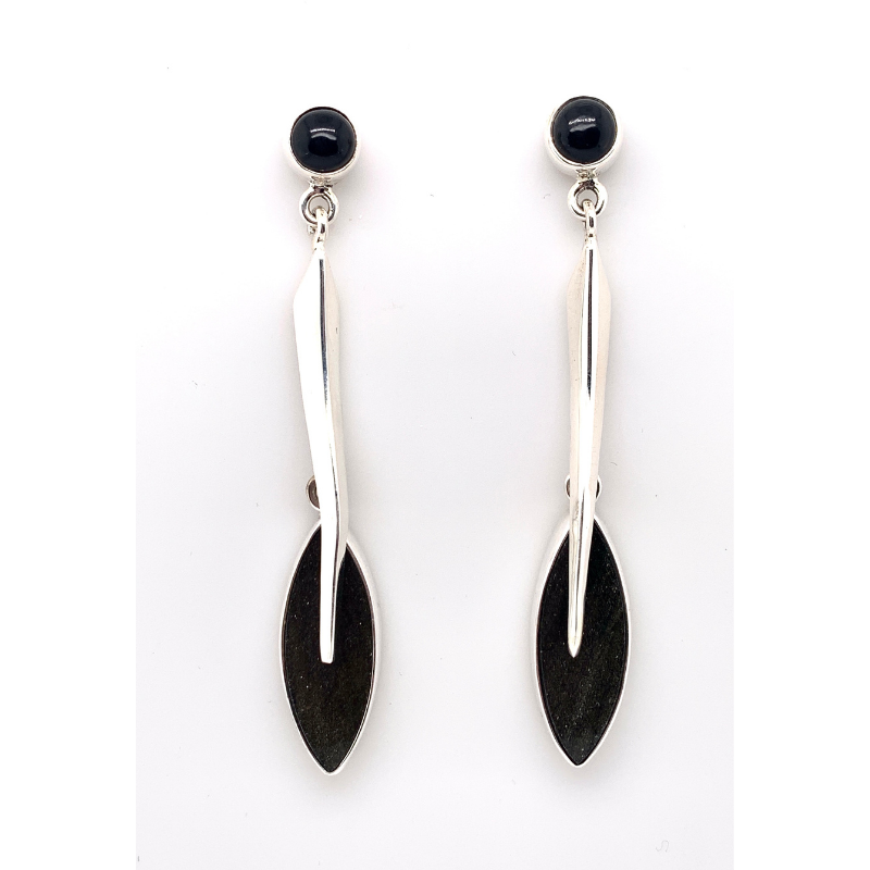 Handmade in Taxco by Artisan Guillermo Arregui  Sterling Silver Obsidian Abstract Articulated Drop Earrings