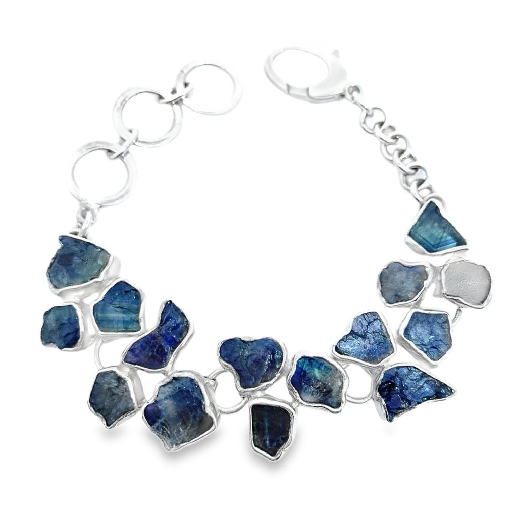 Artisan Gabriel Peña 950 Sterling Silver Bracelet with Natural Raw Blue Sapphire - Adjustable 7-8”