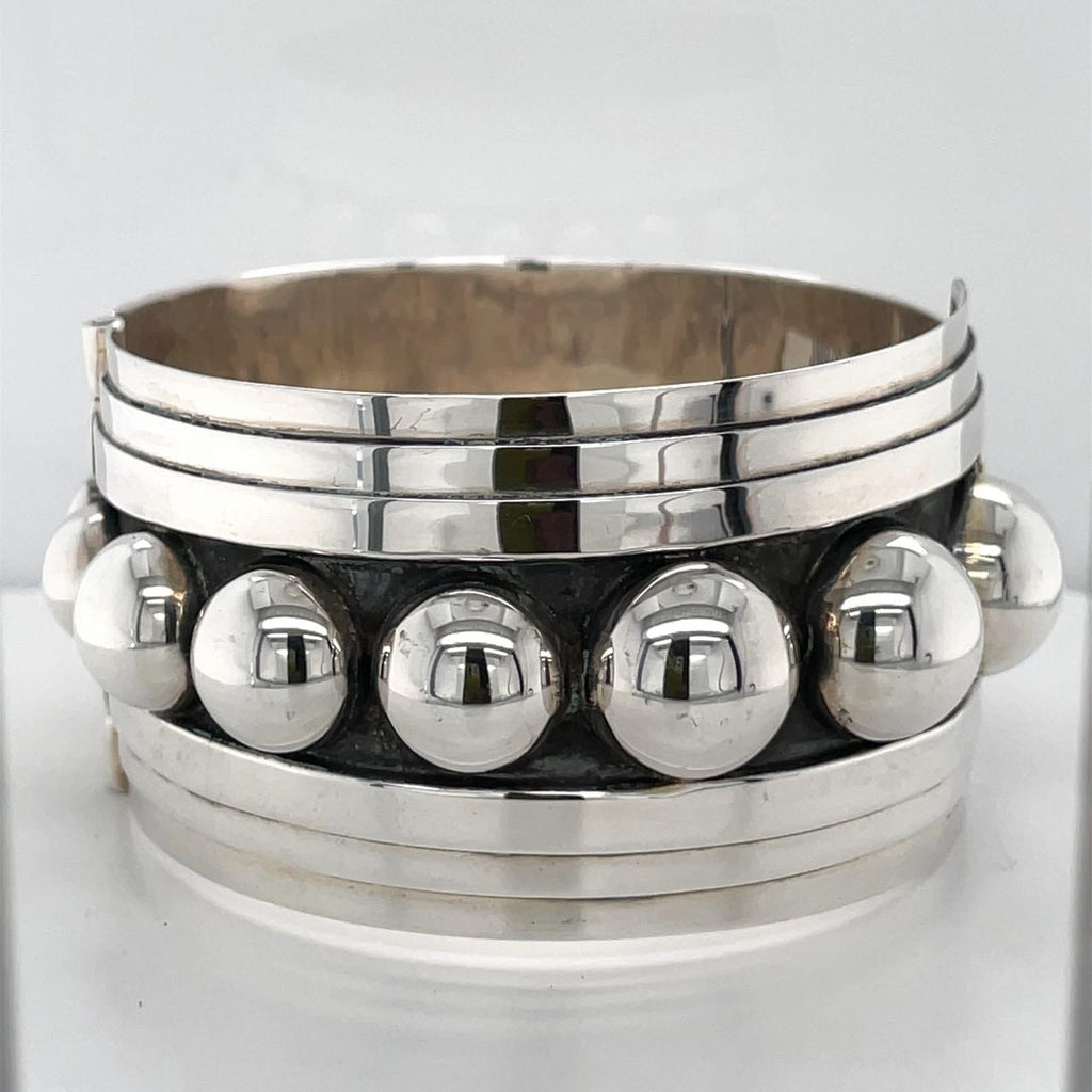 Handmade in Taxco Sterling Silver Oxidized Large Dot Hinged Bangle Bracelet