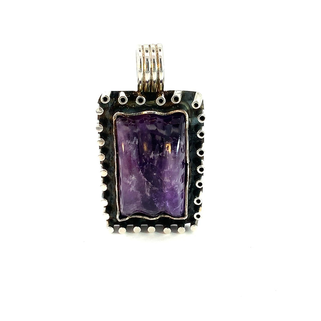 Sterling Silver Carved Amethyst Pendant Handmade by Artisan Manuel Figueroa in Taxco