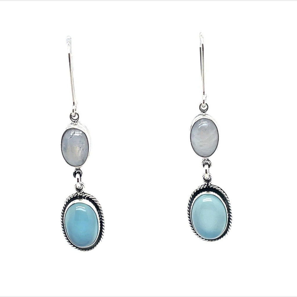 Artisan Made Oval Cabochon Moonstone & Chalcedony Sterling Silver Drop Earrings