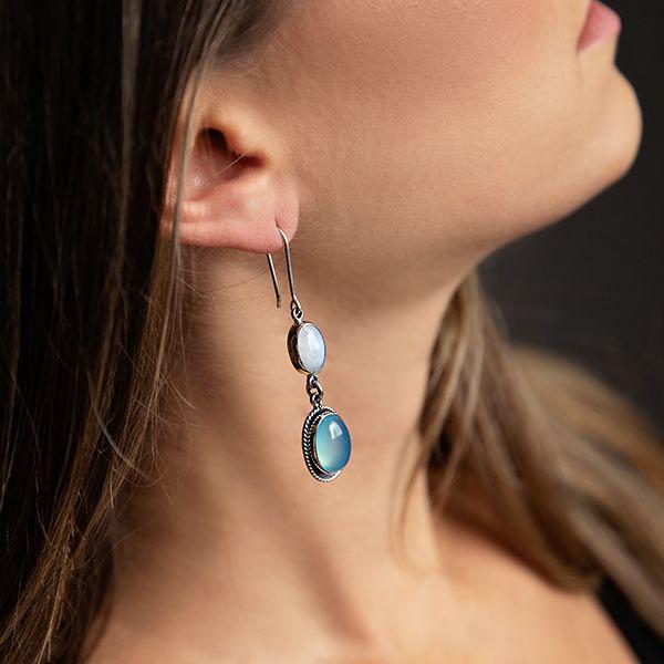 Sterling Silver Moonstone & Chalcedony Earrings-Artisan Made Oval Cabochon  Drop Earrings