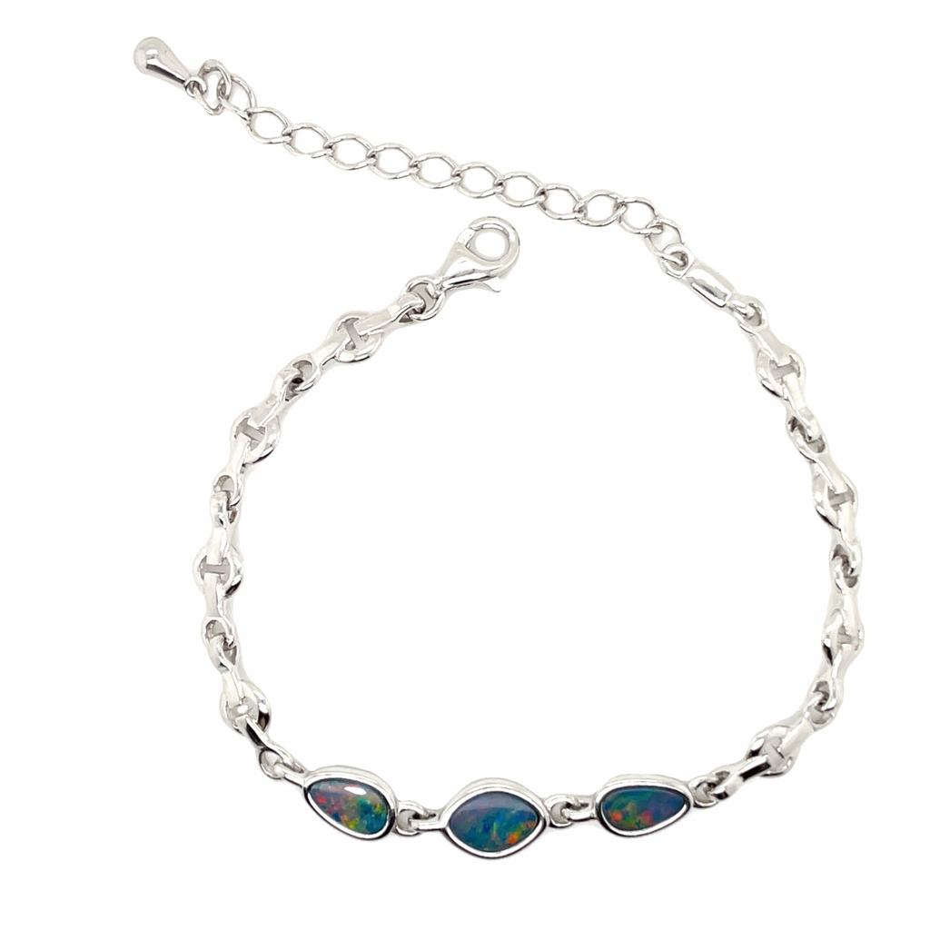 Sterling Silver Adjustable Australian Opal Link Bracelet with 3 Bezel Set Opals