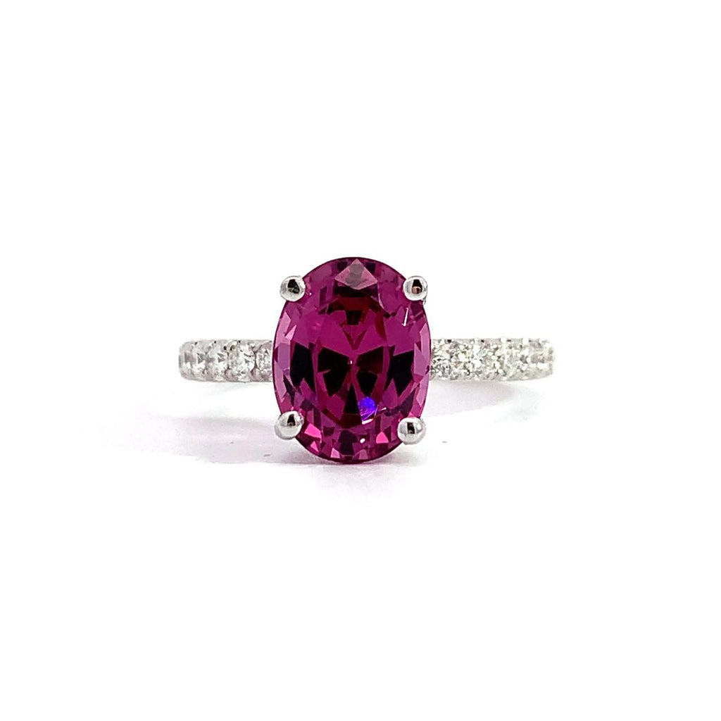 18KWG 3.52ct Oval Rhodolite Garnet Ring Set - Natural Orchid Pink, Four-Prong, .37cttw  Diamonds On Shoulders