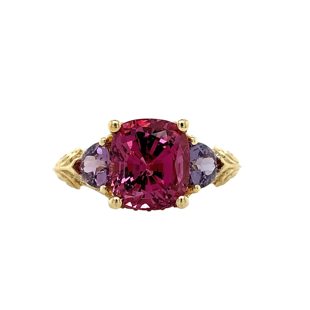 Custom 18k Yellow Gold Cushion Pink Spinel & Trillion Sapphire and Diamond Accent Ring