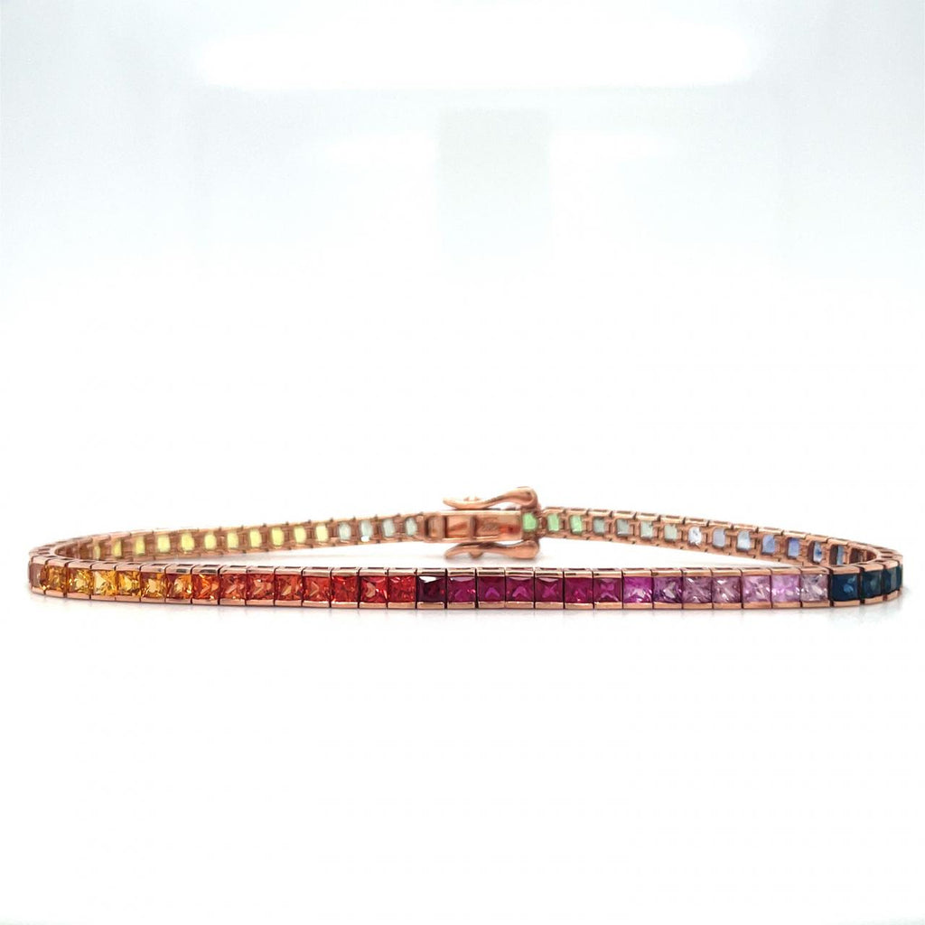 14k Rose Gold Natural Sapphire Channel Set Bracelet  in A Rainbow Ombre