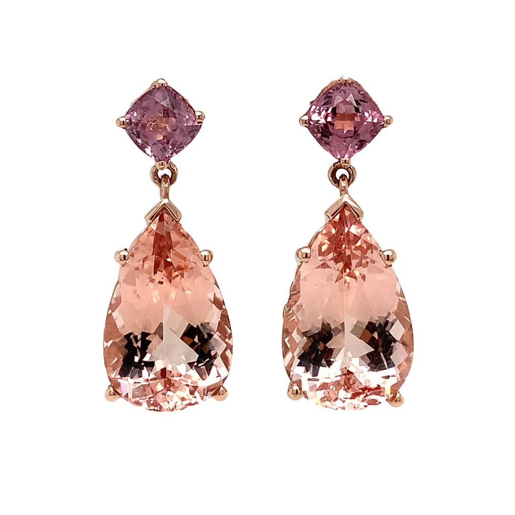 14k Rose Gold Pink Gemstone Earring- Morganite &  Malaya Garnet Dangle Earrings