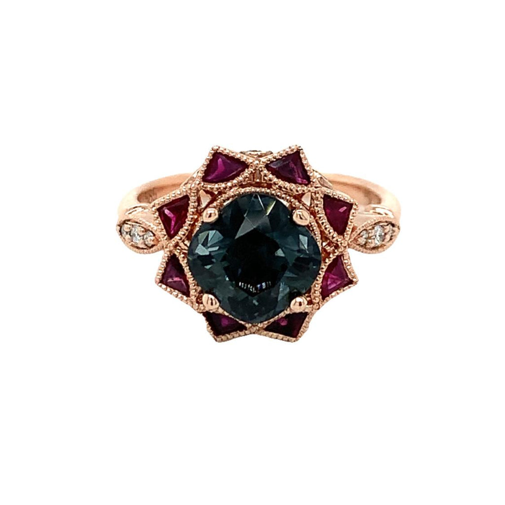 14k Rose Gold Star Ring Grey Spinel feature With Ruby & Diamonds
