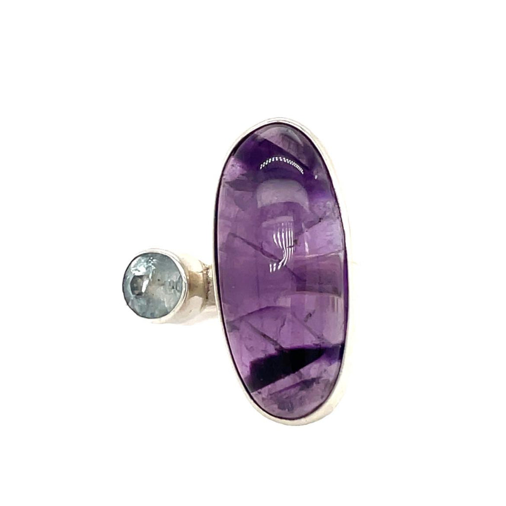 Modern Sterling Silver Ring- Artisan Amethyst & Blue Topaz Ring