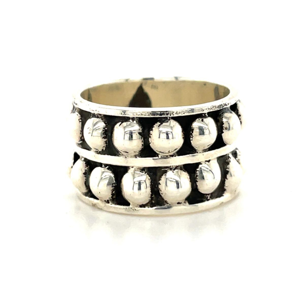 Sterling Silver Wide Band Ring-Double Row Dot Designed Ring