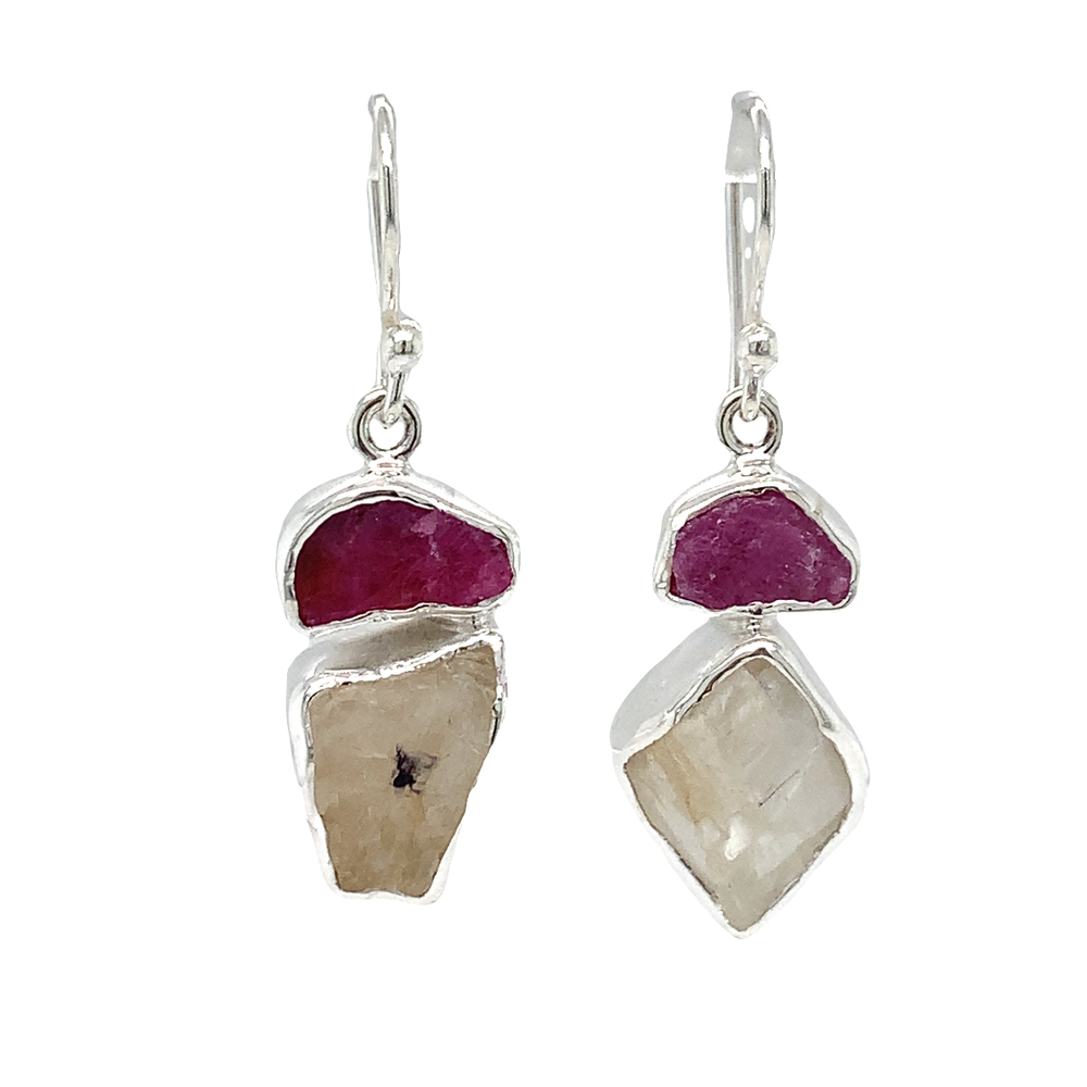 Sterling Silver Artisan Gabriel Pena Raw Moonstone and Small Raw Ruby Dangle Earring