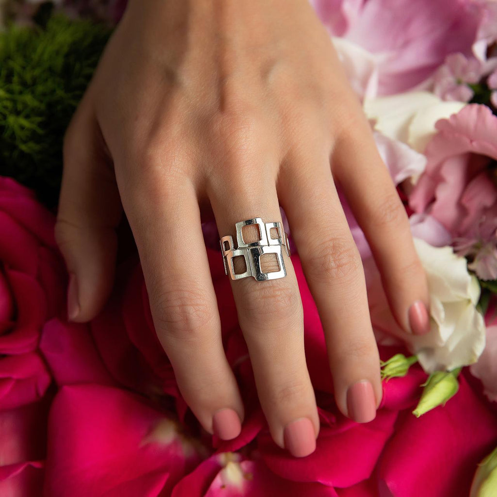 Sterling Silver Ring-Artisan Ring With  Squares & Negative Space