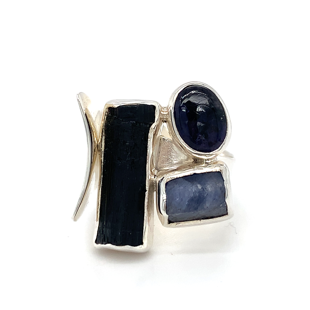 Organic Sterling Silver Ring-Gabriel Pena's Design Featuring Raw Kyanite,Dendritic Cabochon and Black Tourmaline