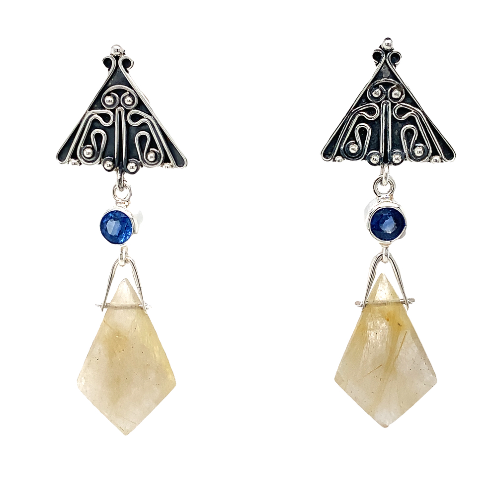 Sterling Silver Artisan Tono Escorcia Earring with Golden Rutilated Quartz Drop and Round Faceted Blue Kyanite Bezel Set Iolite with Scrollwork Top