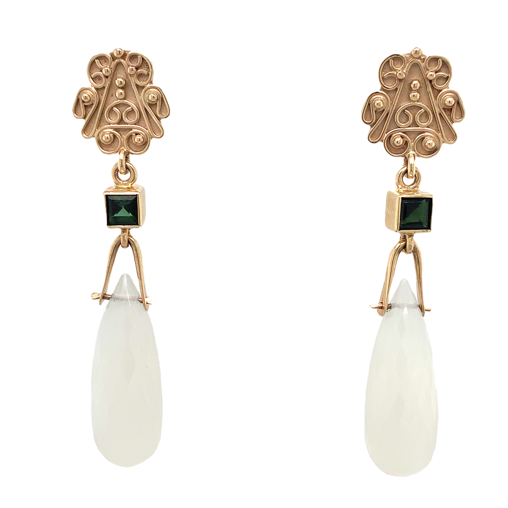 14K Yellow Gold  Artisan Tono Escorcia Earring with White Moonstone Teardrop and Square Bezel Set Green Tourmaline with Scrollwork Top