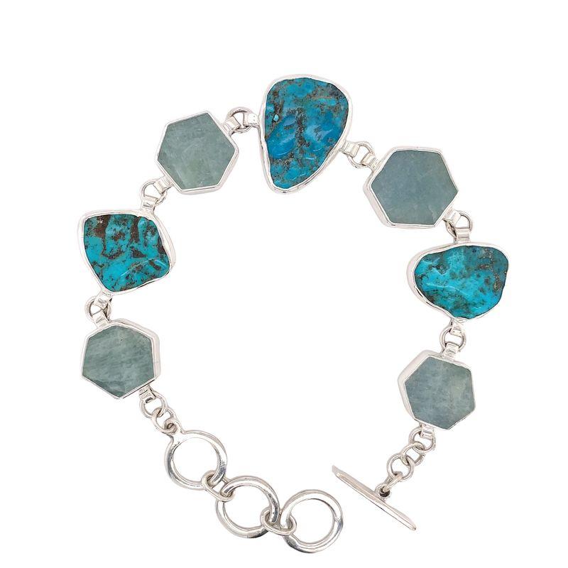 Handmade Mexican Artisan Sterling Silver Hexagon Shaped Aquamarines and Turquoise Bracelet with Toggle