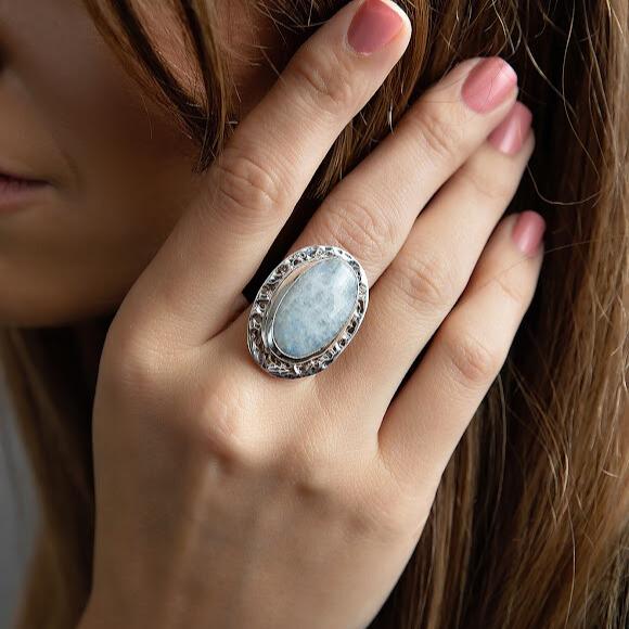 Sterling Silver Ring - Artisan Oval Moonstone Bezel with Hammered Frame Adjustable Ring