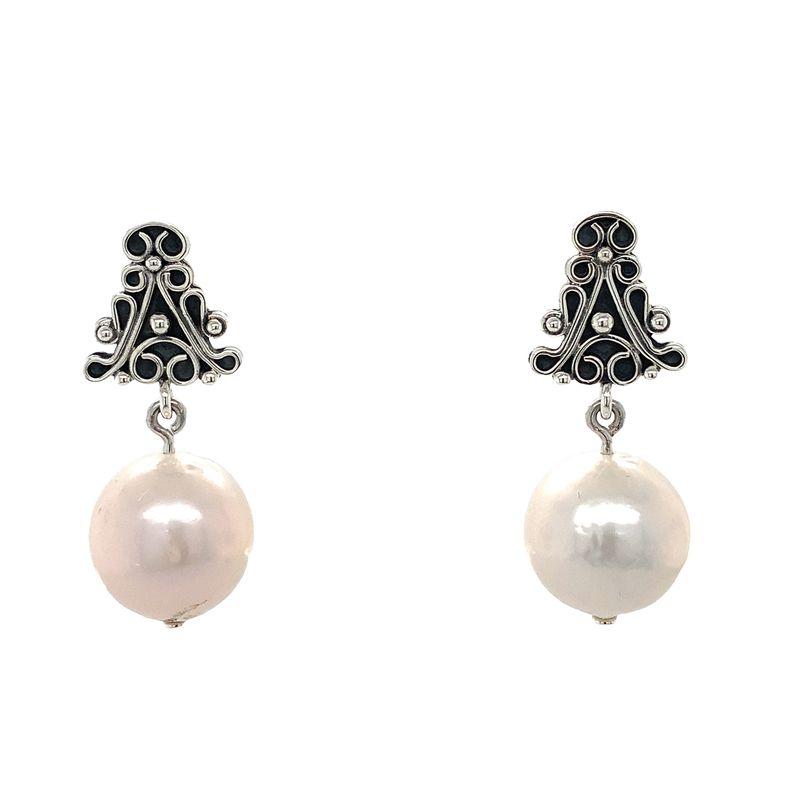 Sterling Silver Earrings - Artisan Toño Escorcia Handcrafted Scrollwork Top with Pearl Drop Stud Earrings