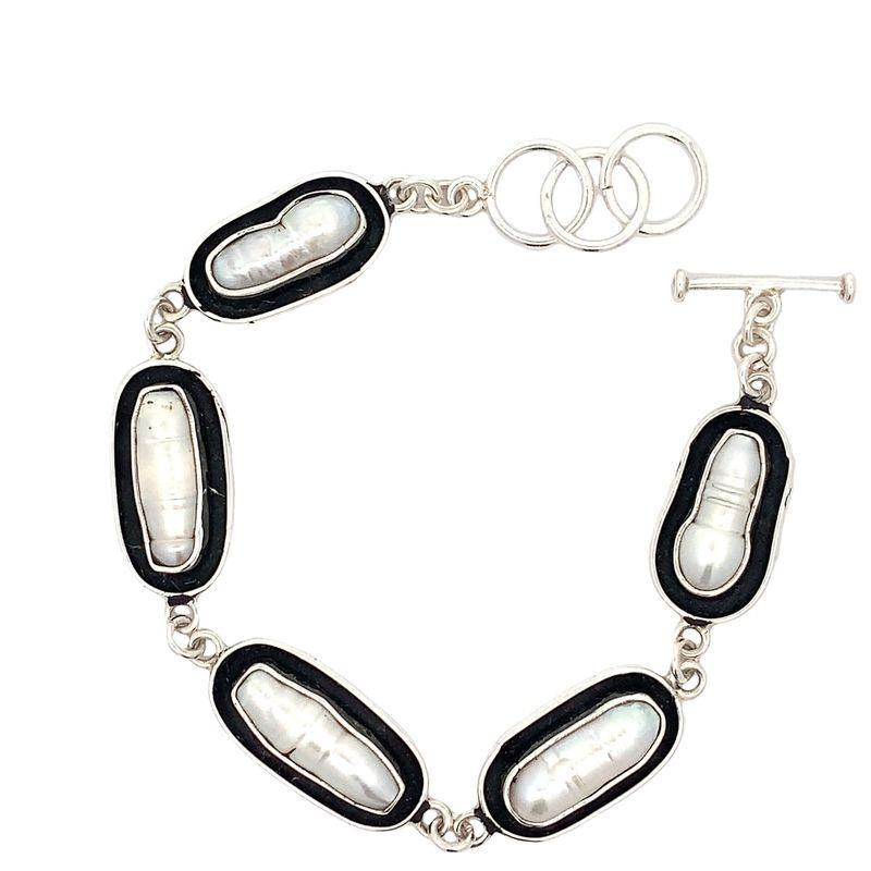 Handmade Silver Link Bracelet with 5 White Pearls - Oxidized Black Oval Links - Fits 7-8 Inch