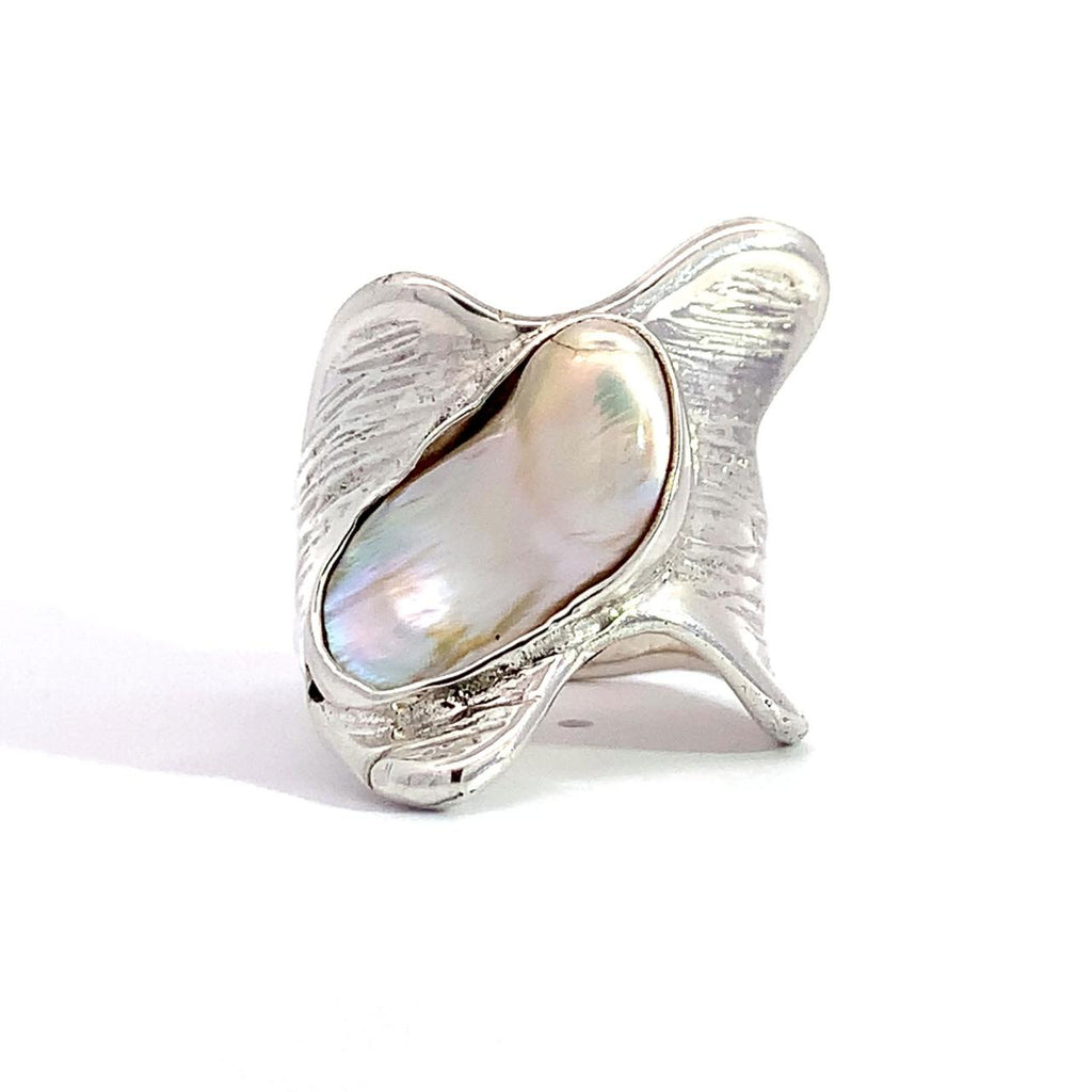 Sterling Silver Pearl Ring-Artisan Made Wide Organic Freshwater Pearl Ring