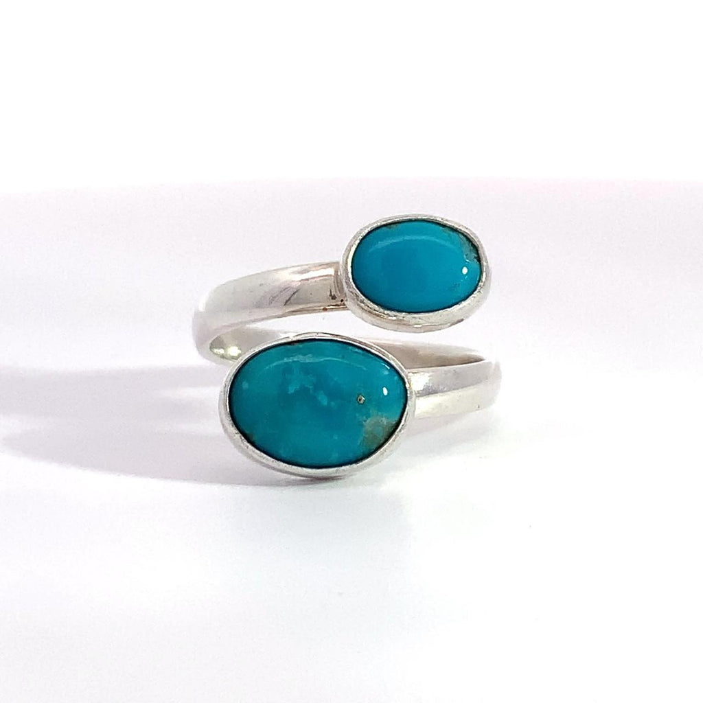 Sterling Silver Ring- Artisan Duo Bezel Turquoise Bypass Ring