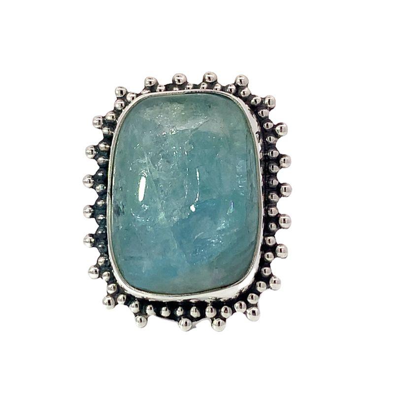 Sterling Silver Aquamarine Ring-Handmade Ring with Rectangular Cabochon Aquamarine in a Filigree Bezel