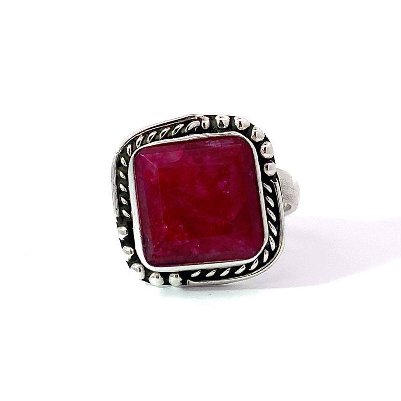 Sterling Silver Ruby Ring-Artisan Square Bezel Set Ruby with Twisted Frame