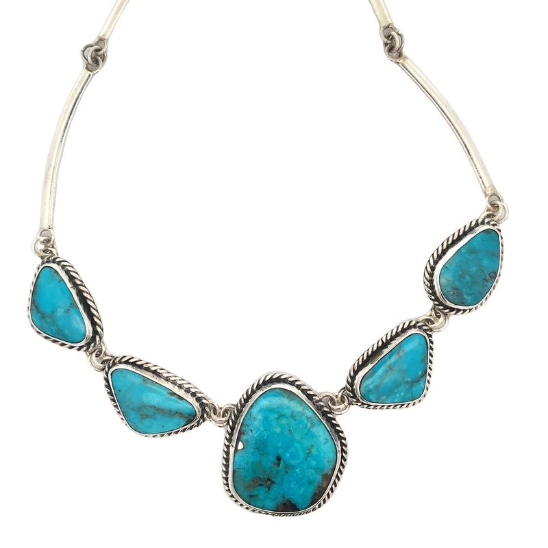 Sterling Silver Turquoise Necklace-Artisan Statement Five Turquoise Necklace