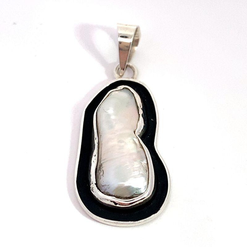 Sterling Silver FreshWater Pearl Pendant-Artisan Made White Pearl With Black Oxidized Frame