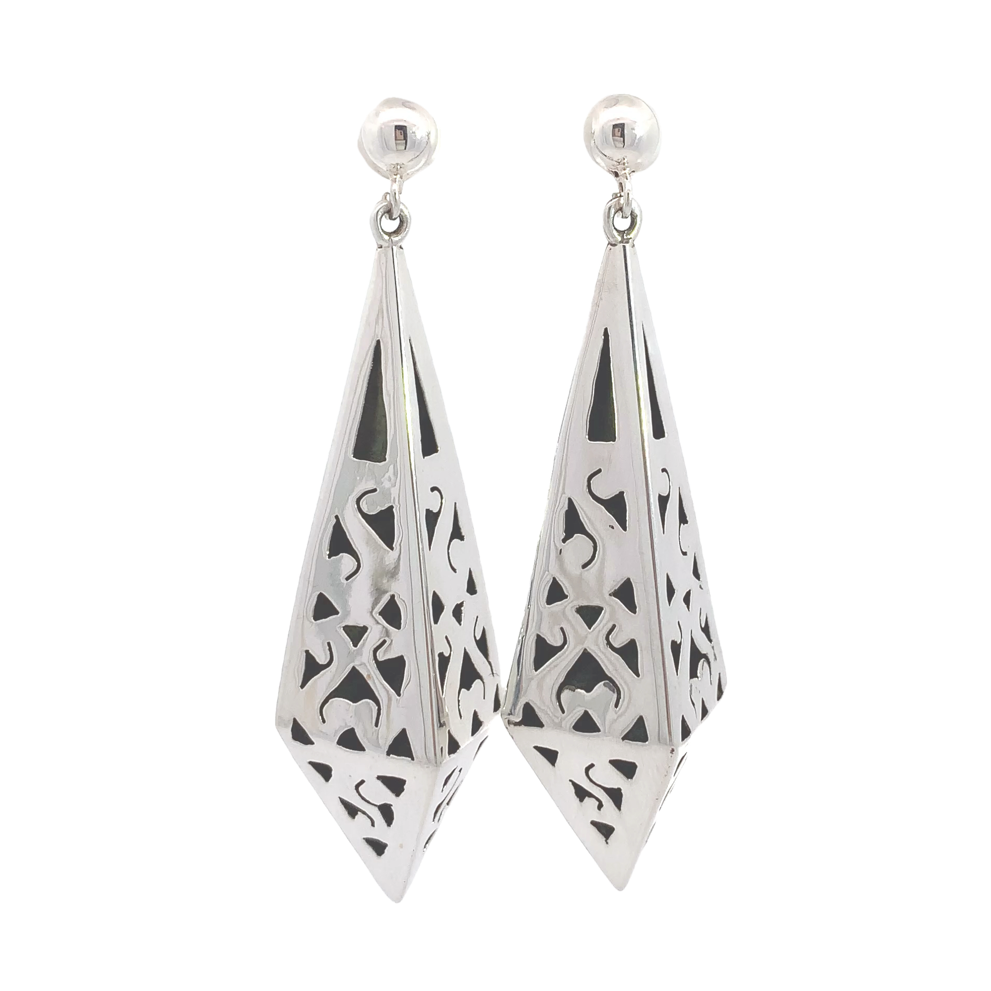 Sterling Silver Earrings-Artisan Made Pierced Elongated Pyramid Fashion Dangle Earring With Piercing Design Details