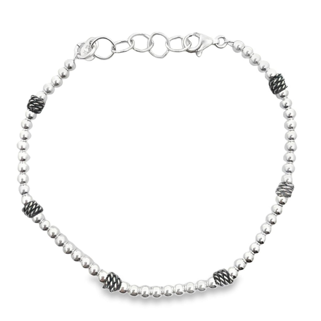 Sterling Silver Bracelet-Artisan Made Bracelet With 3mm Shiny Beads And Six Twisted Wire Bead Stations