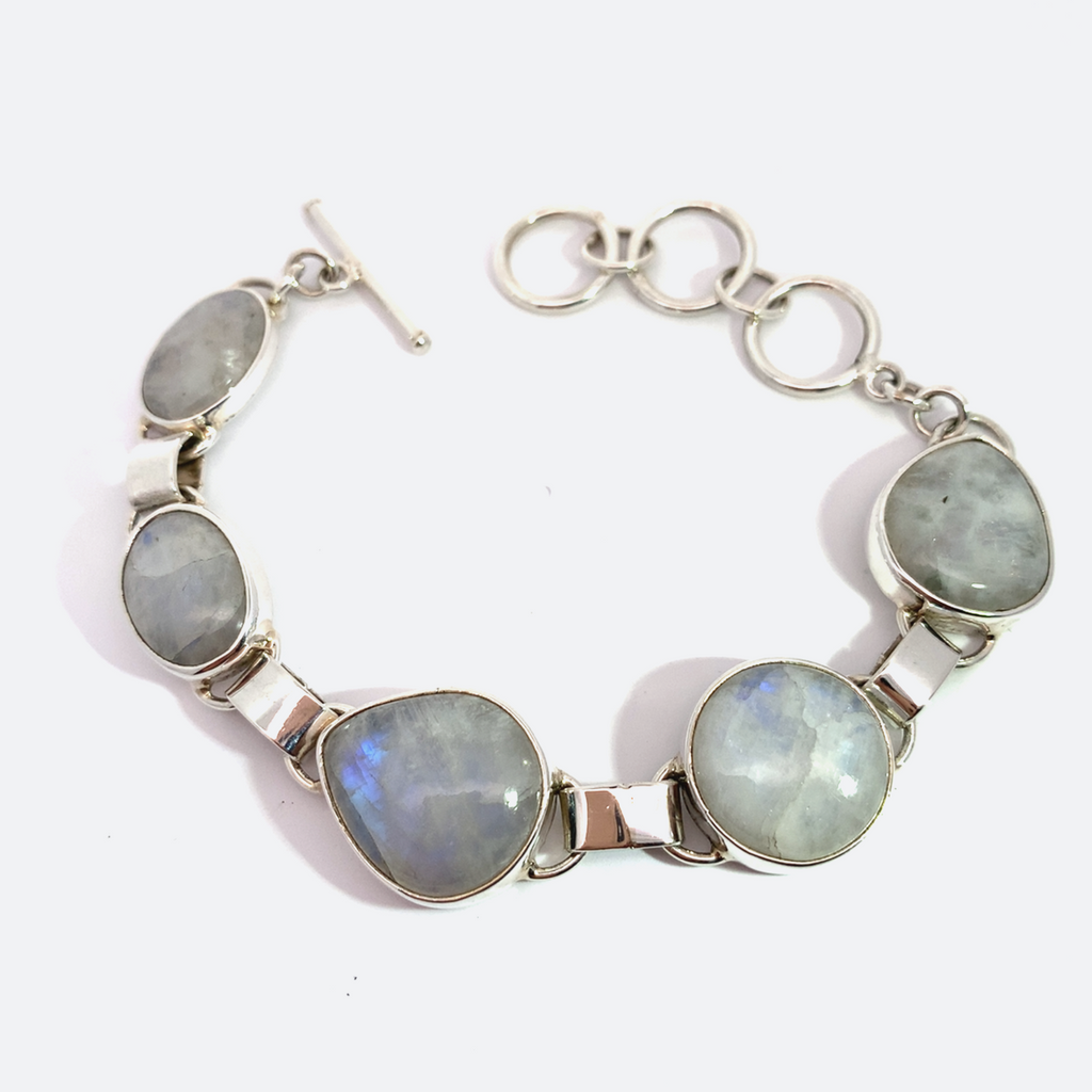 Sterling Silver Moonstone Bracelet-Artisan Made Moonstone Bracelet With Five Bezel Set Mix Shaped White Moonstones