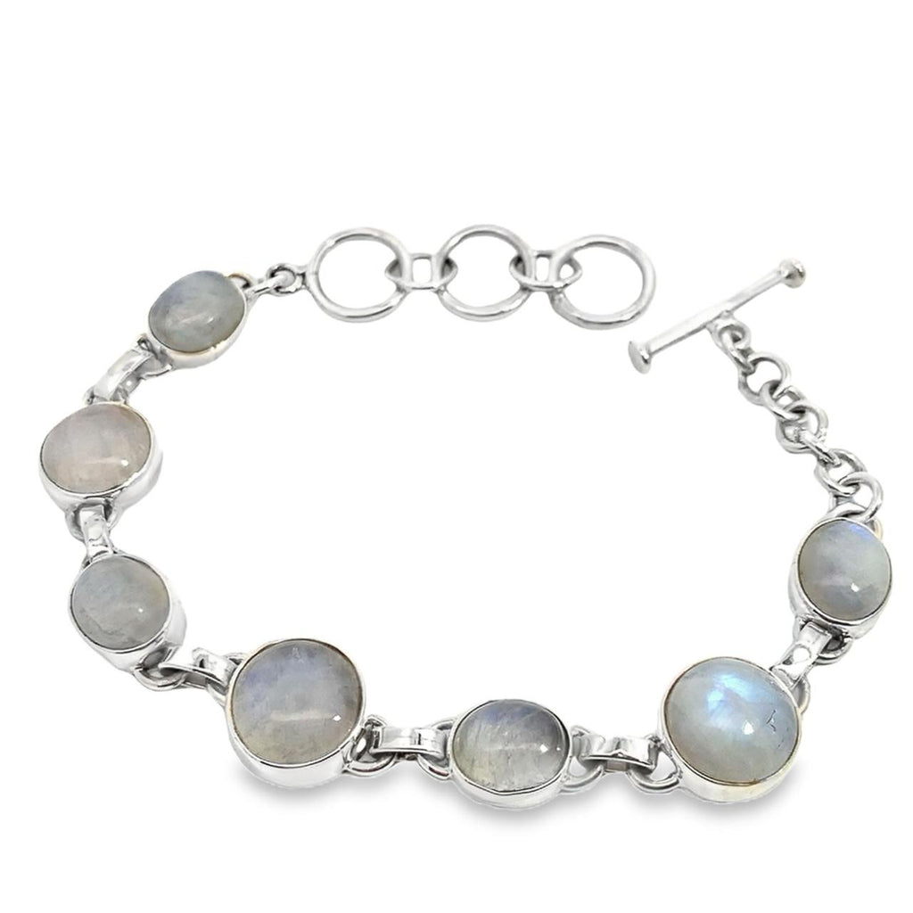 Sterling Silver Moonstone Bracelet-Artisan Made Seven Round and Oval Bezel Set White Moonstone Link Bracelet