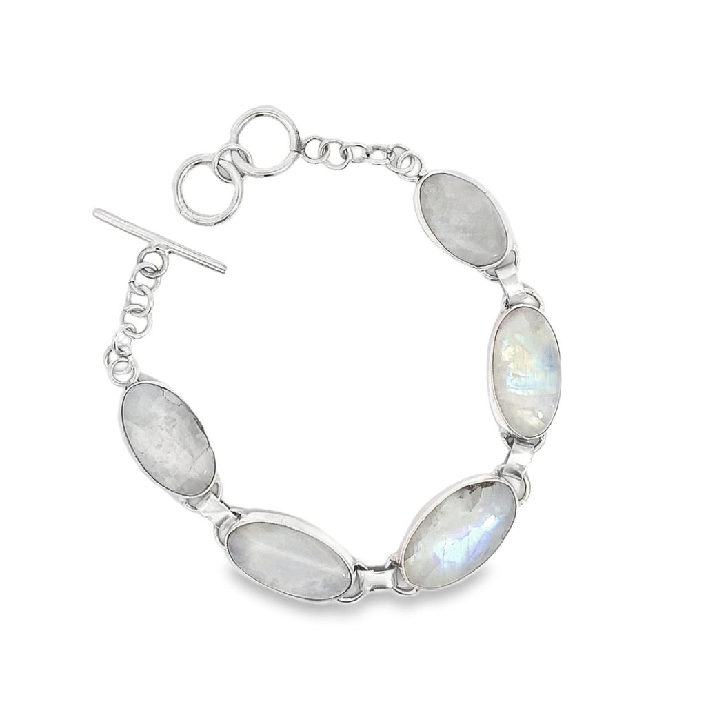 Sterling Silver Moonstone Bracelet-Artisan Made Five Oval Bezel Set White Moonstone