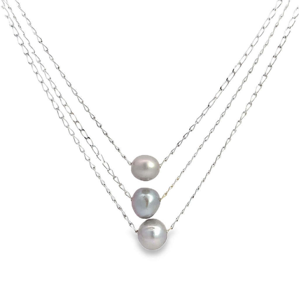 Sterling Silver Pearl Necklace-Artisan Made Triple Stacking Chain Necklace With One Grey Pearl On Each Strand